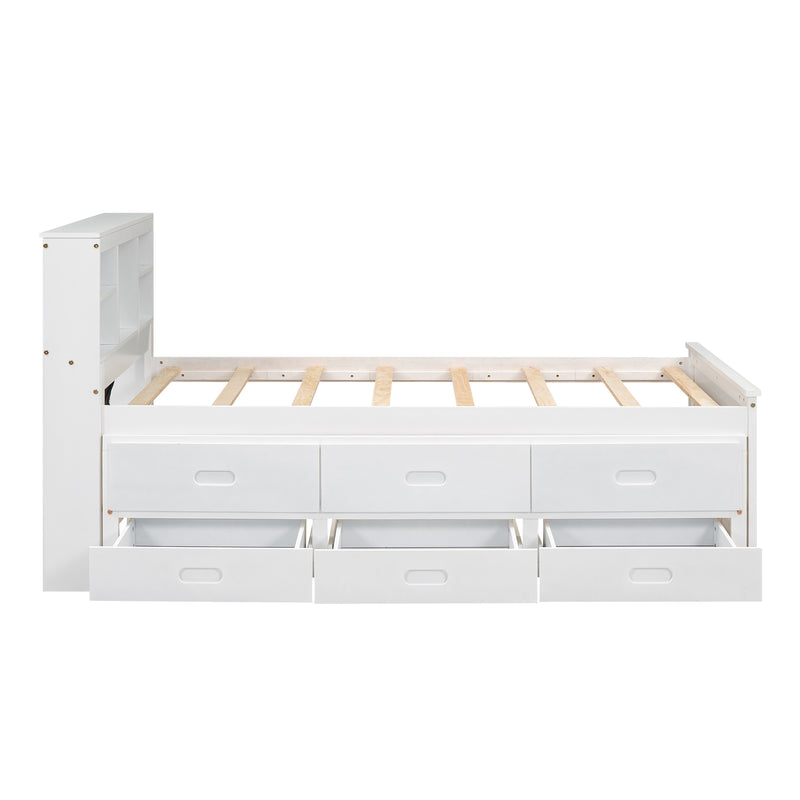 Twin Size Platform Bed with Storage Headboard, USB, Twin Size Trundle and 3 Drawers, White