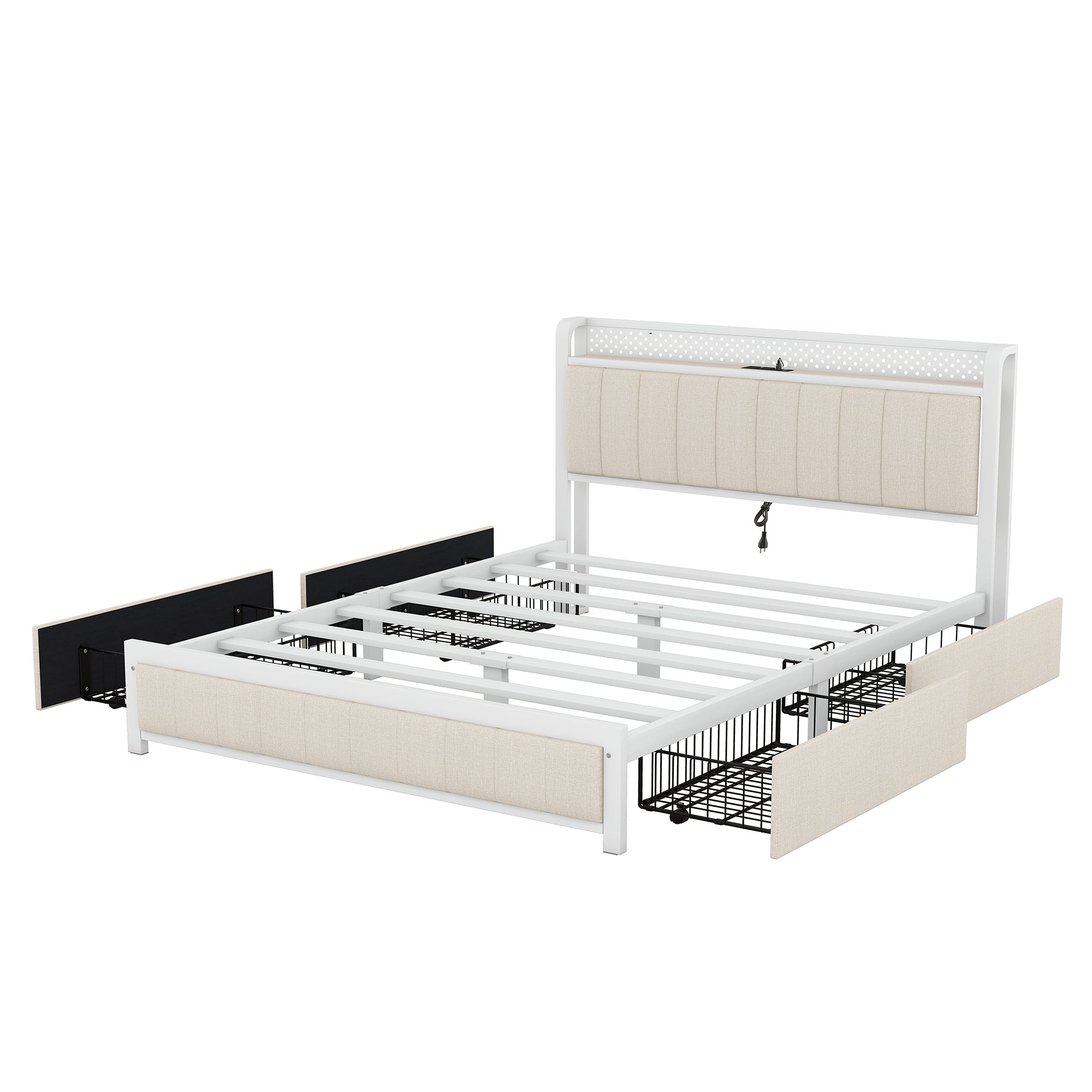 Queen Bed Frame with LED Headboard, Upholstered Bed with 4 Storage Drawers and USB Ports, Beige - Atlantic Fine Furniture Melbourne FL