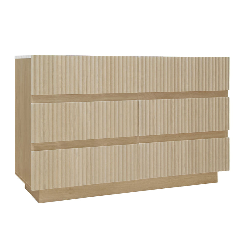 Fluted 6 Drawers Dresser, Double Dresser Chest Of Drawers, Modern Chest Of Drawers With LED, Drawer Organizer For Bedroom, Living Room, Hallway - Natural