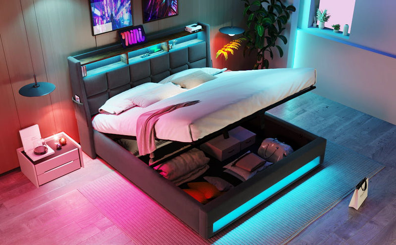 Upholstered Platform Bed With A Hydraulic Storage System, LED And USB Charging (Without Mattress)