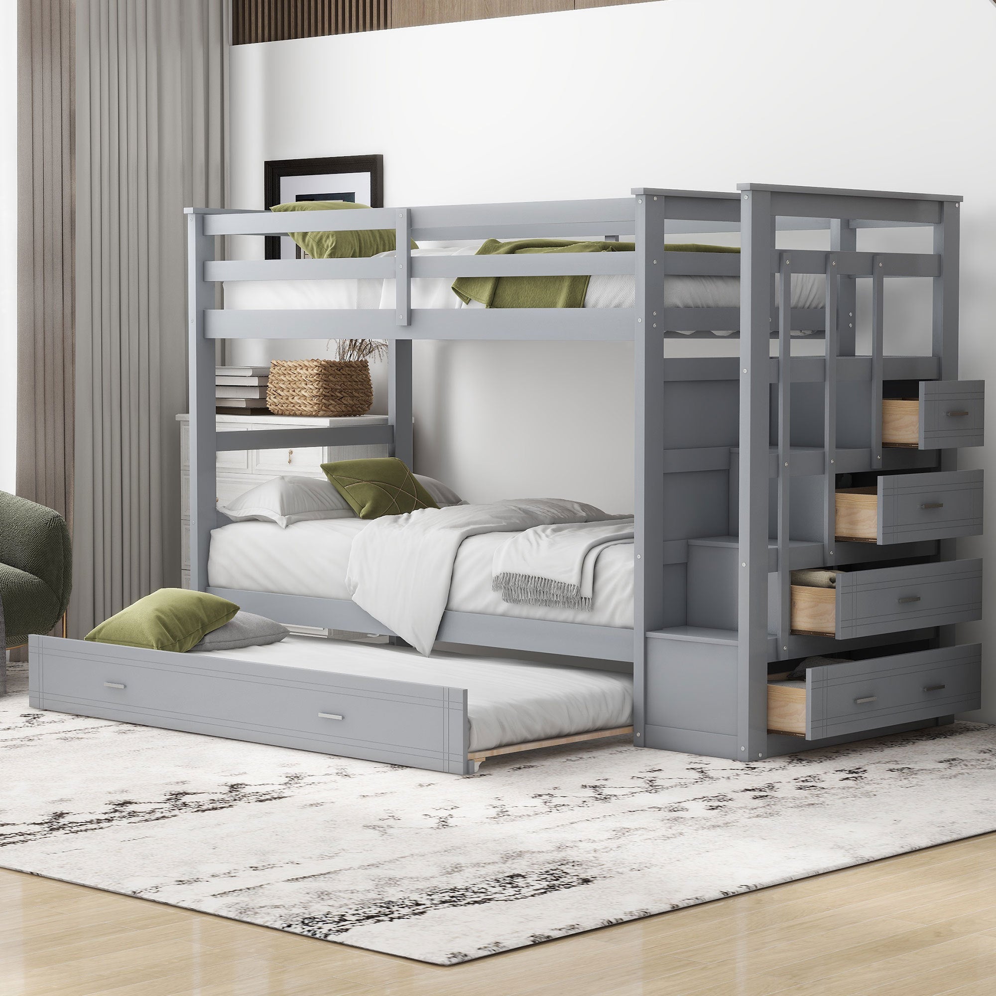 Twin Over Twin Bunk Bed with Trundle and Staircase,Gray(OLD SKU:LT000068AAE) - Atlantic Fine Furniture Melbourne FL