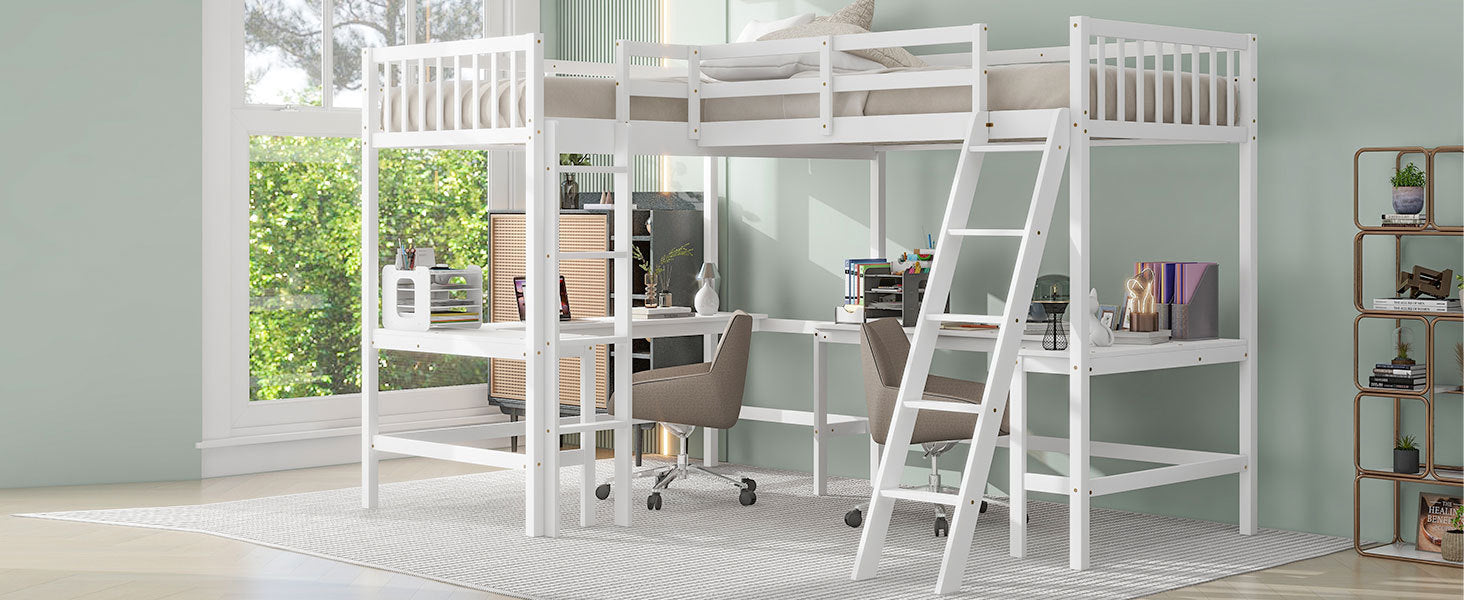 Wood Twin Size L-Shaped Loft Bed with Ladder and 2 Built-in L-Shaped Desks, White - Atlantic Fine Furniture Melbourne FL