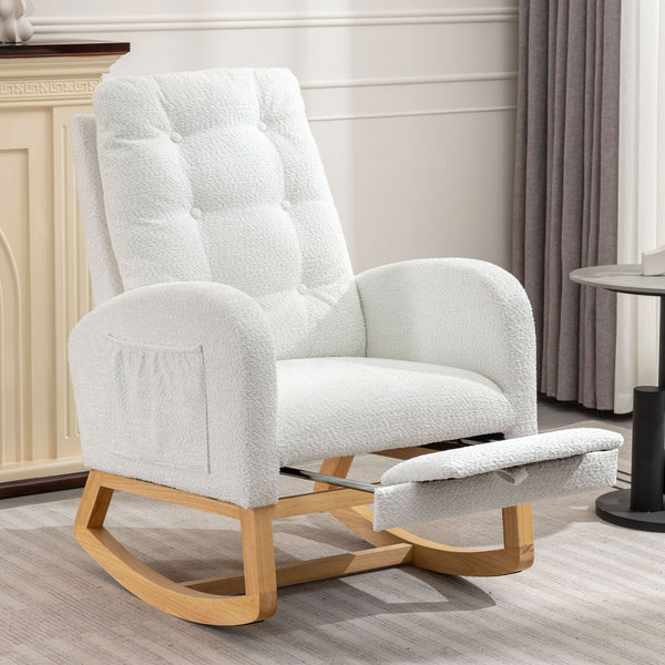 Accent Rocking Chair With Footrest High Back Rubber Wood Rocking Legs Bedroom Living Space - White