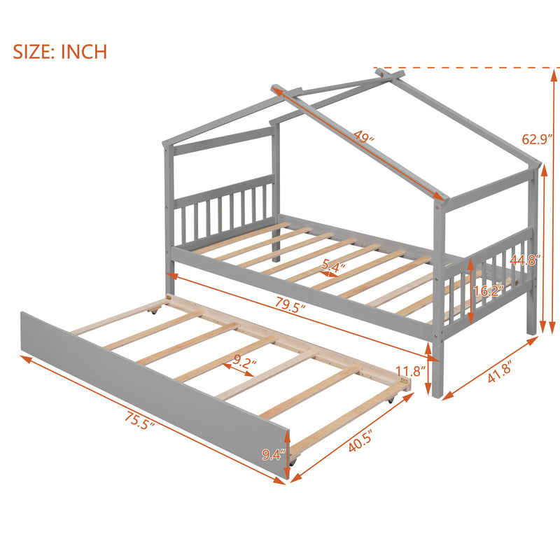 Wooden House Bed With Twin Size Trundle