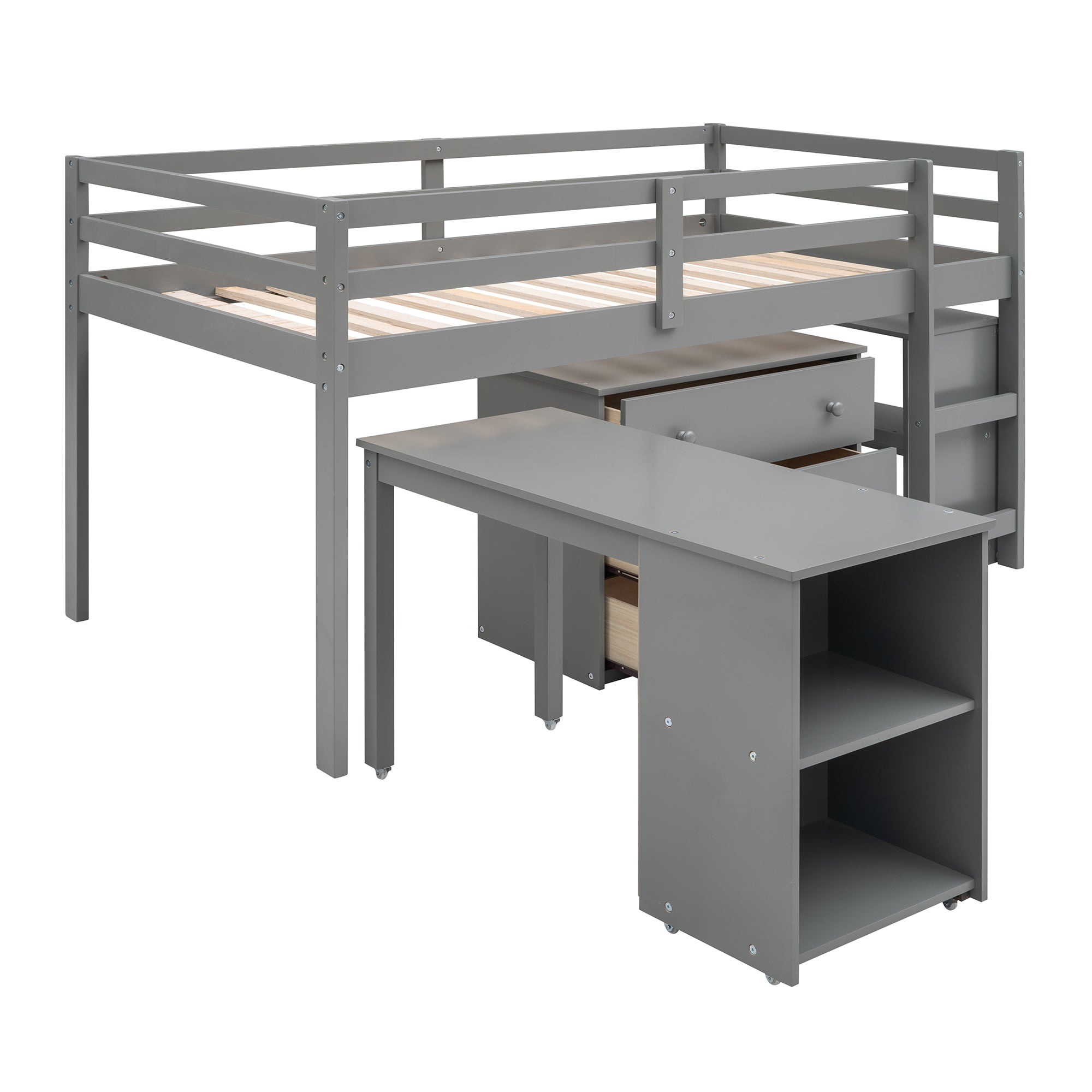 Low Study Twin Loft Bed with Cabinet and Rolling Portable Desk - Gray (OLD SKU :LP000113AAE) - Atlantic Fine Furniture Melbourne FL