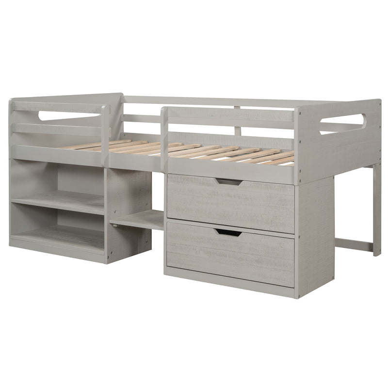 Twin Size Loft Bed With Two Shelves And Two Drawers