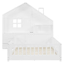 Full Size House Bed With Window And Bedside Drawers, Platform Bed With Shelves And A Set Of Sockets And USB Port - White