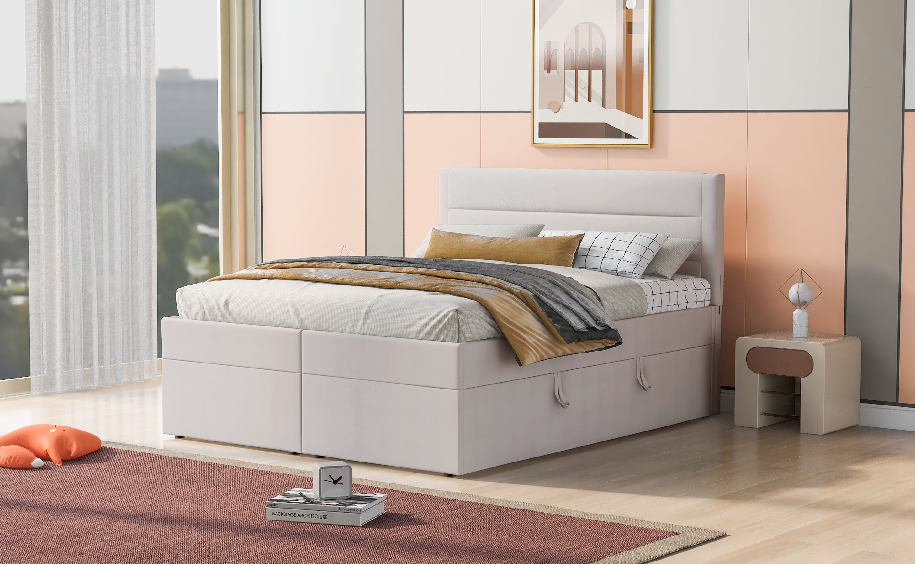 Queen Size Upholstered Platform Bed with Storage Underneath, Beige - Atlantic Fine Furniture Melbourne FL