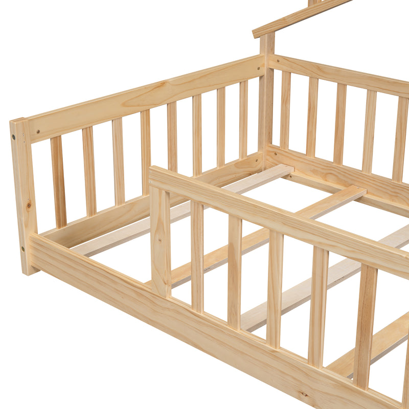 Twin House-Shaped Bedside Floor Bed with Guardrails, Slats, without Door ,Natural