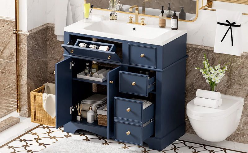 Bathroom Vanity With Resin Sink Combo, Frame Bathroom Storage Cabinet, Freestanding Vanity Set With 3 Drawers & Adjustable Shelf - Blue