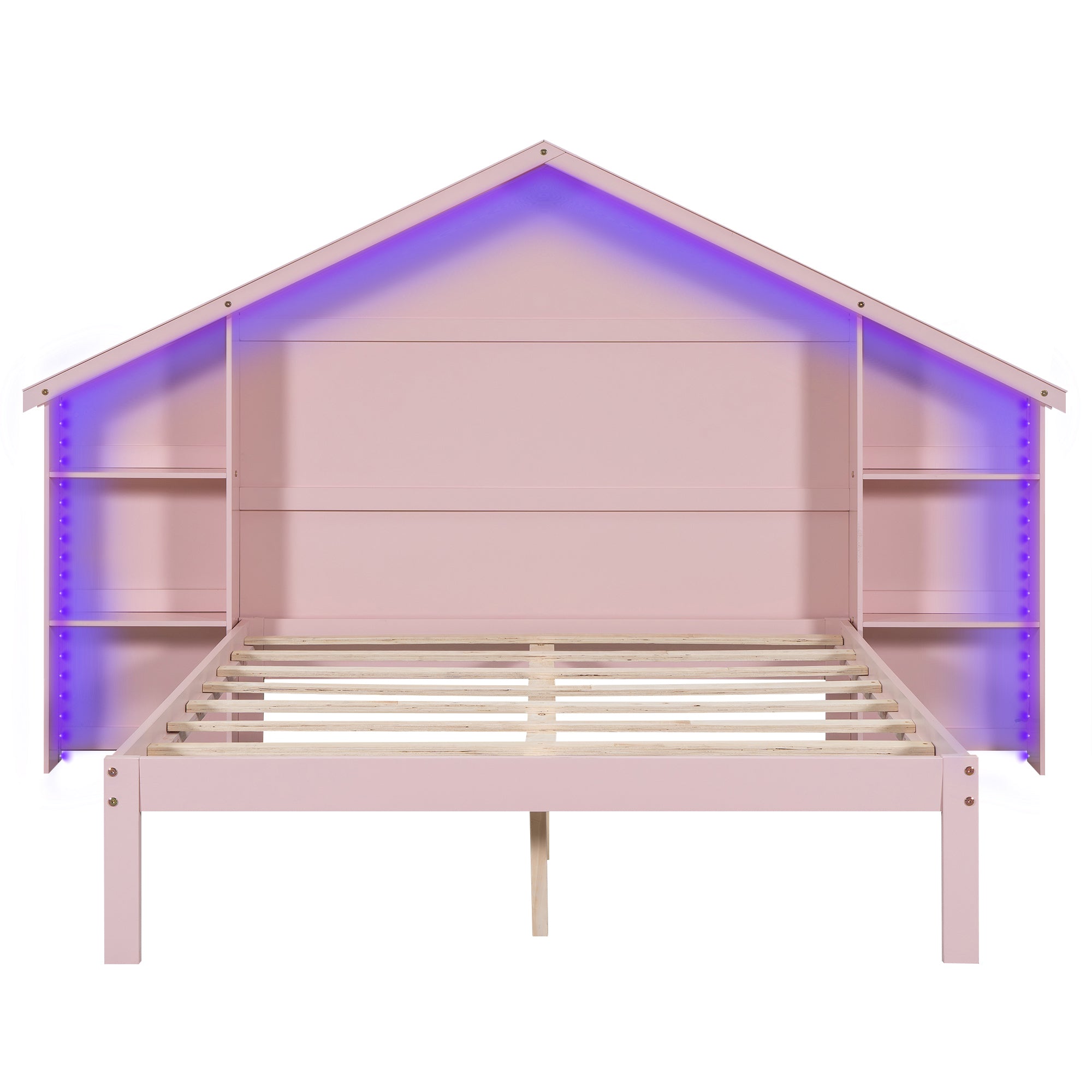 Wood Full Size Platform Bed with House-shaped Storage Headboard and Built-in LED, Pink - Atlantic Fine Furniture Melbourne FL