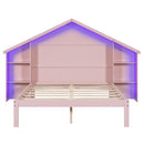 Wood Full Size Platform Bed with House-shaped Storage Headboard and Built-in LED, Pink