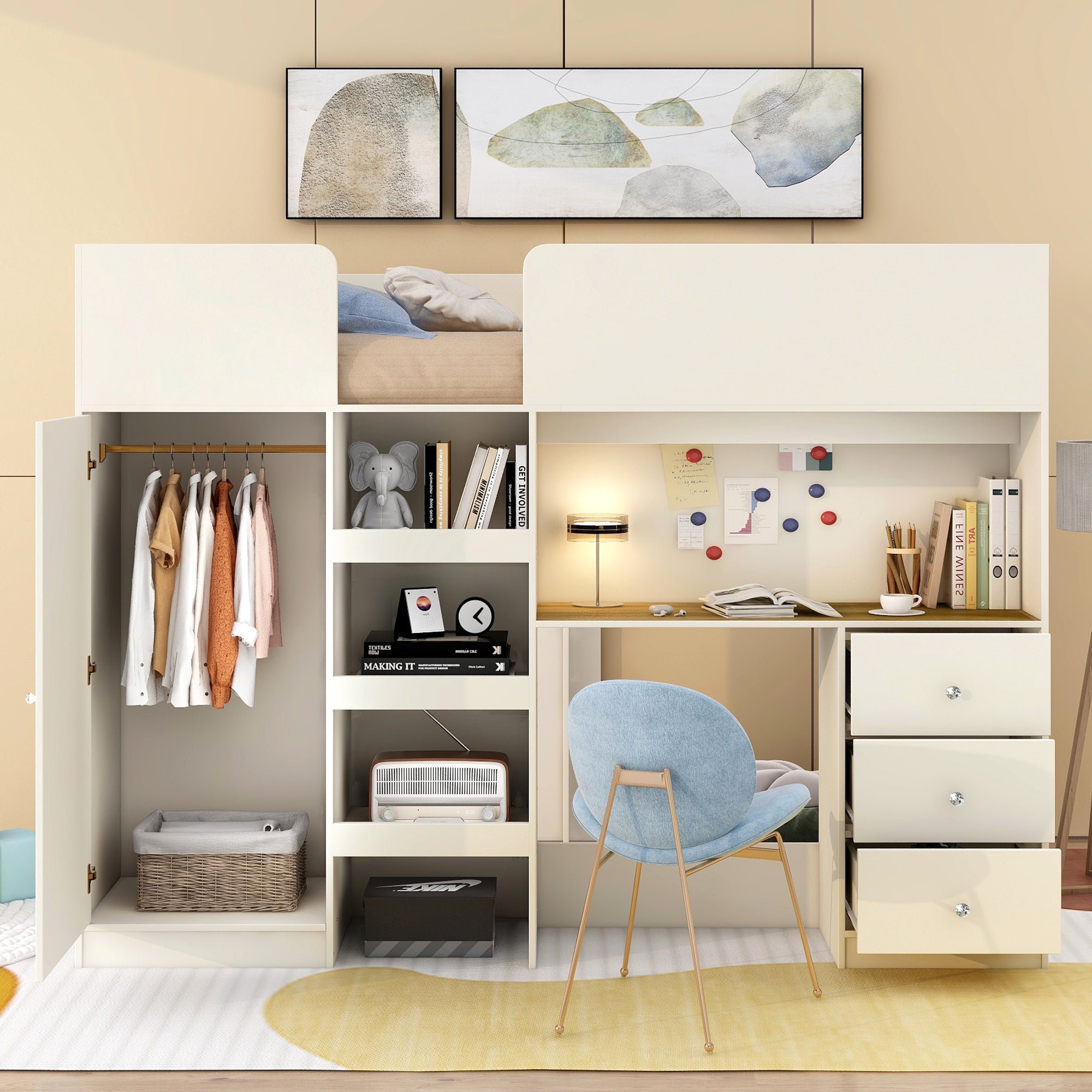 Wood Full Size Loft Bed with Built-in Wardrobe, Desk, Storage Shelves and Drawers, Beige - Atlantic Fine Furniture Melbourne FL
