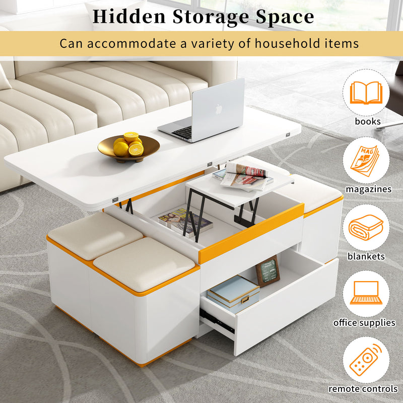 Multi Functional Adjustable Coffee Table With 4 Storage Stools
