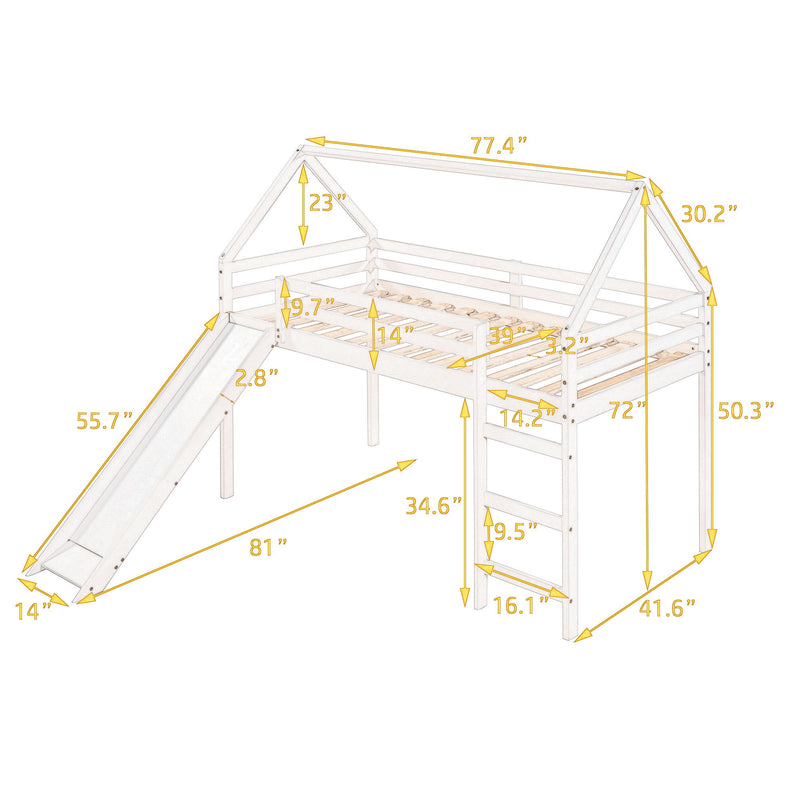 Twin Size House Loft Bed With Slide - Gray