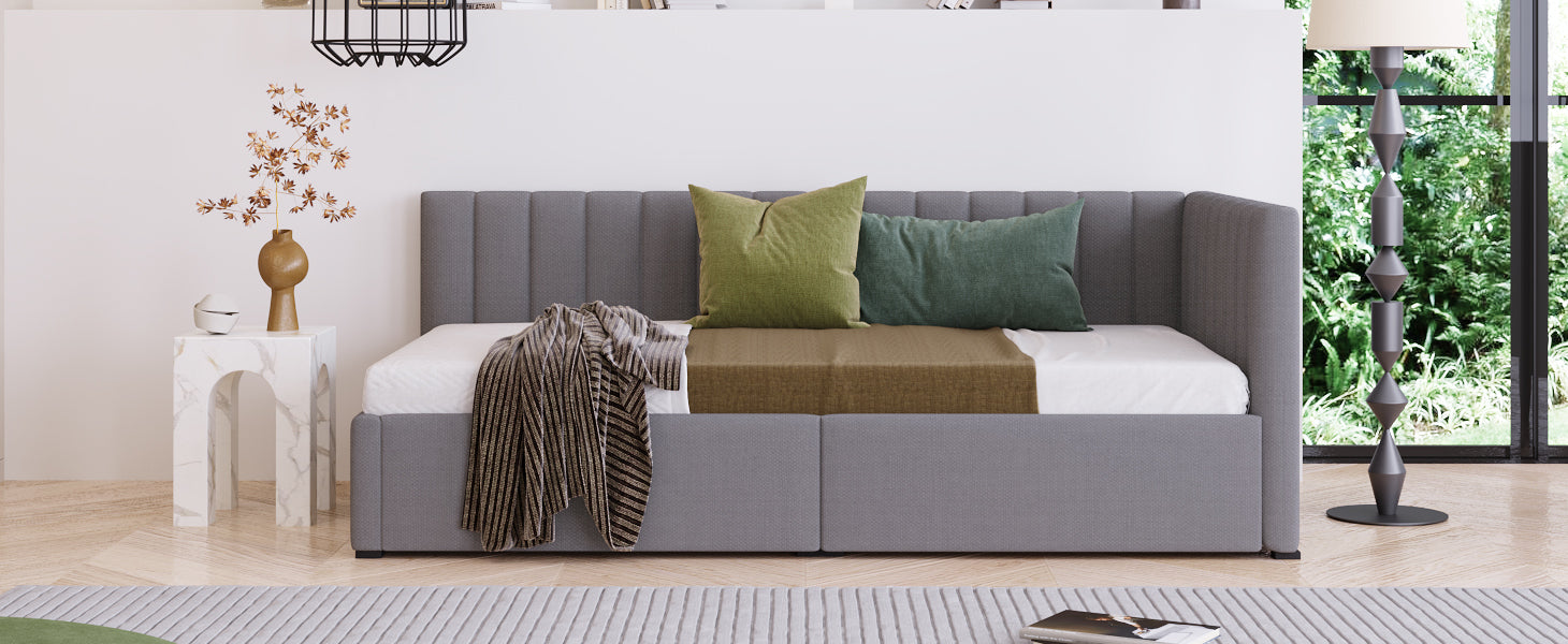 Upholstered Daybed with 2 Storage Drawers Twin Size Sofa Bed Frame No Box Spring Needed, Linen Fabric (Gray) - Atlantic Fine Furniture Melbourne FL