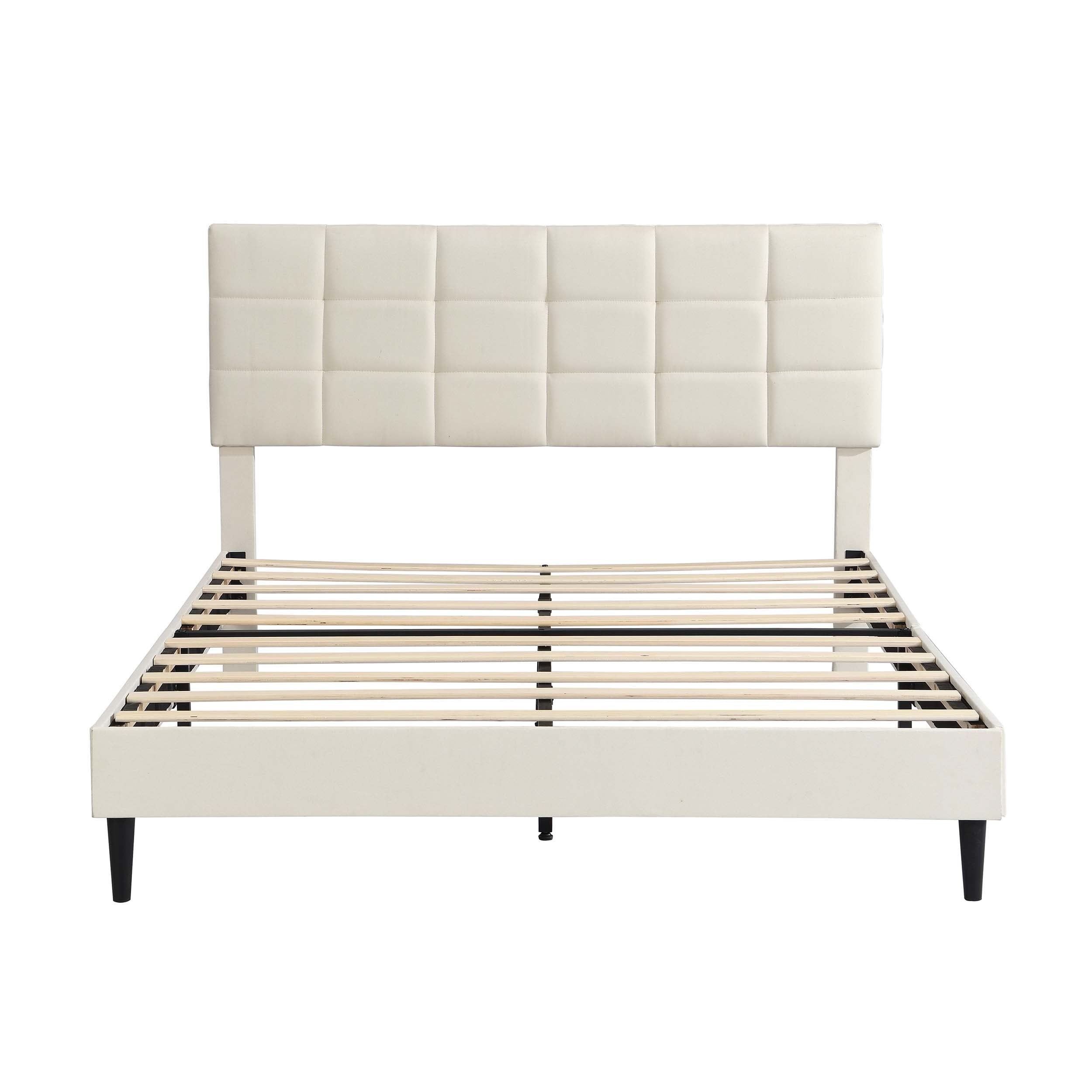Full Size Platform Bed Frame with Fabric Upholstered Headboard and Wooden Slats, No Box Spring Needed/Easy Assembly, Beige