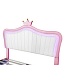 Queen Size Upholstered Bed Frame with LED Lights,Modern Upholstered Princess Bed With Crown Headboard,White+Pink