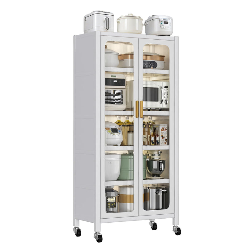 6 Tier Storage Cabinet With Transparent Door, Adjustable Shelves & Wheels