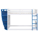 Twin over Twin Boat-Like Shape Bunk Bed with Storage Shelves, White+Blue
