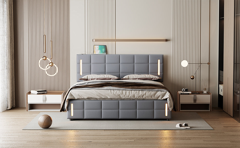 Full Size Upholstered Bed with Hydraulic Storage System and LED Light, Gray - Atlantic Fine Furniture Melbourne FL