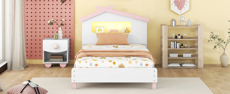 Twin Size Wood Platform Bed with House-shaped Headboard and Motion Activated Night Lights (White+Pink)