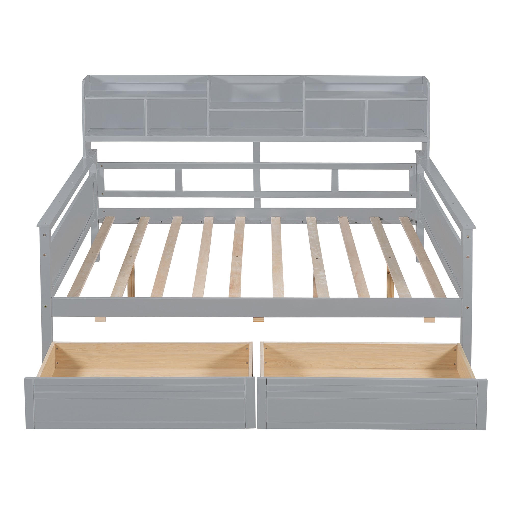 Full size Daybed, Wood Slat Support, with Bedside Shelf and Two Drawers, Gray - Atlantic Fine Furniture Melbourne FL