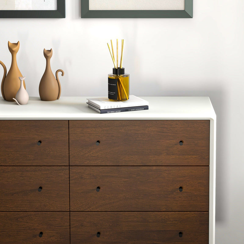 Mid-Century Modern White Dresser 6 Drawer - Dark Brown / White