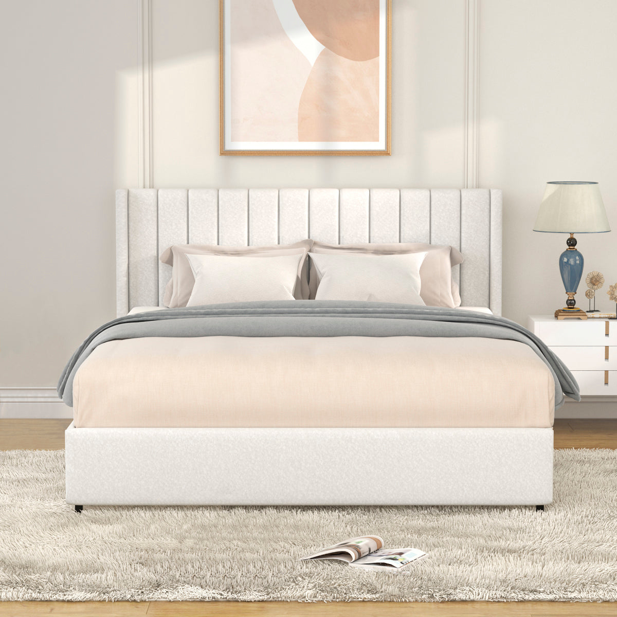 Anda Queen Size Ivory Boucle Upholstered Platform Bed with Patented 4 Drawers Storage, Tufted Headboard, Wooden Slat Mattress Support, No Box Spring Needed. - Atlantic Fine Furniture Melbourne FL