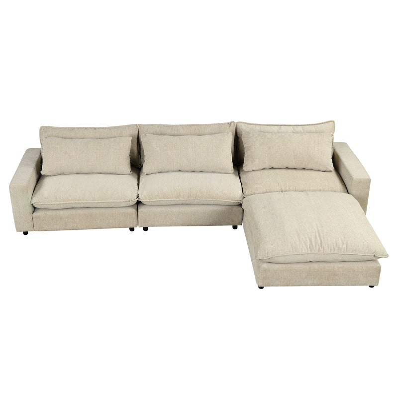 Sectional Sofa Cloud Sofa Chenille Upholstered Sofa Couch With Movable Ottoman, Comfortable Seat Cushions, Charging Ports And Three Back Pillows For Living Room