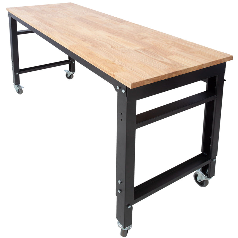 Wide Rolling Workbench For Garage, Adjustable Height, Workshop Tool Bench, Metal With Rubber Wood Top