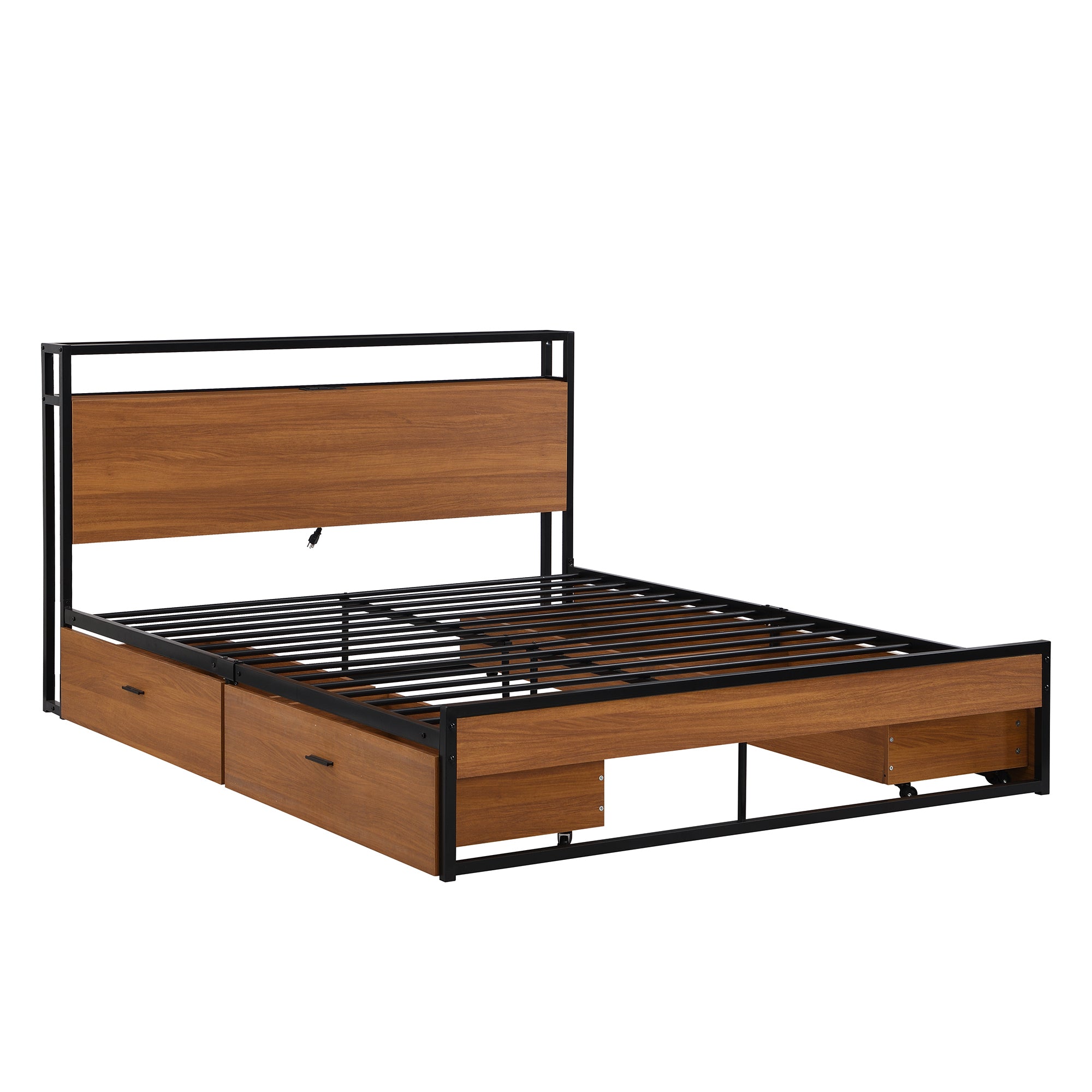 Queen Size Metal Platform Bed Frame with Four Drawers,Sockets and USB Ports ,Slat Support No Box Spring Needed Black - Atlantic Fine Furniture Melbourne FL