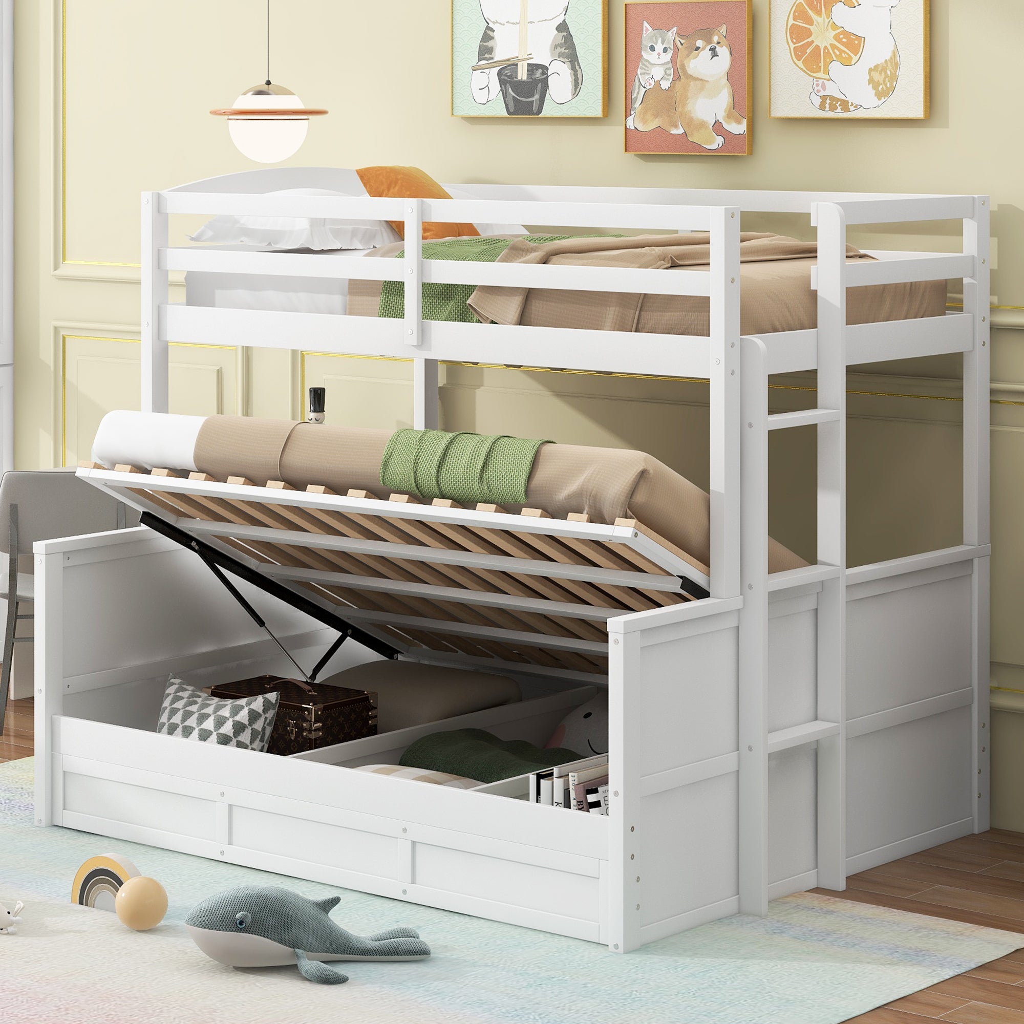 Wood Twin over Full Bunk Bed with Hydraulic Lift Up Storage, White - Atlantic Fine Furniture Melbourne FL