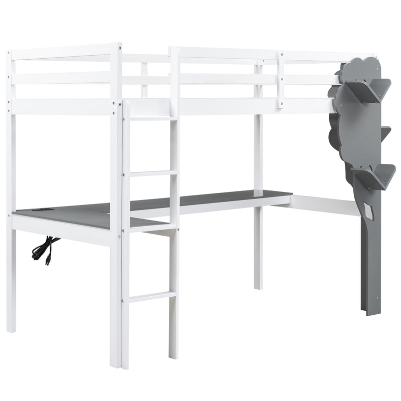 Twin Size Loft Bed with L-shaped Desk,Tree Shape Bookcase and Charging Station, White+Gray