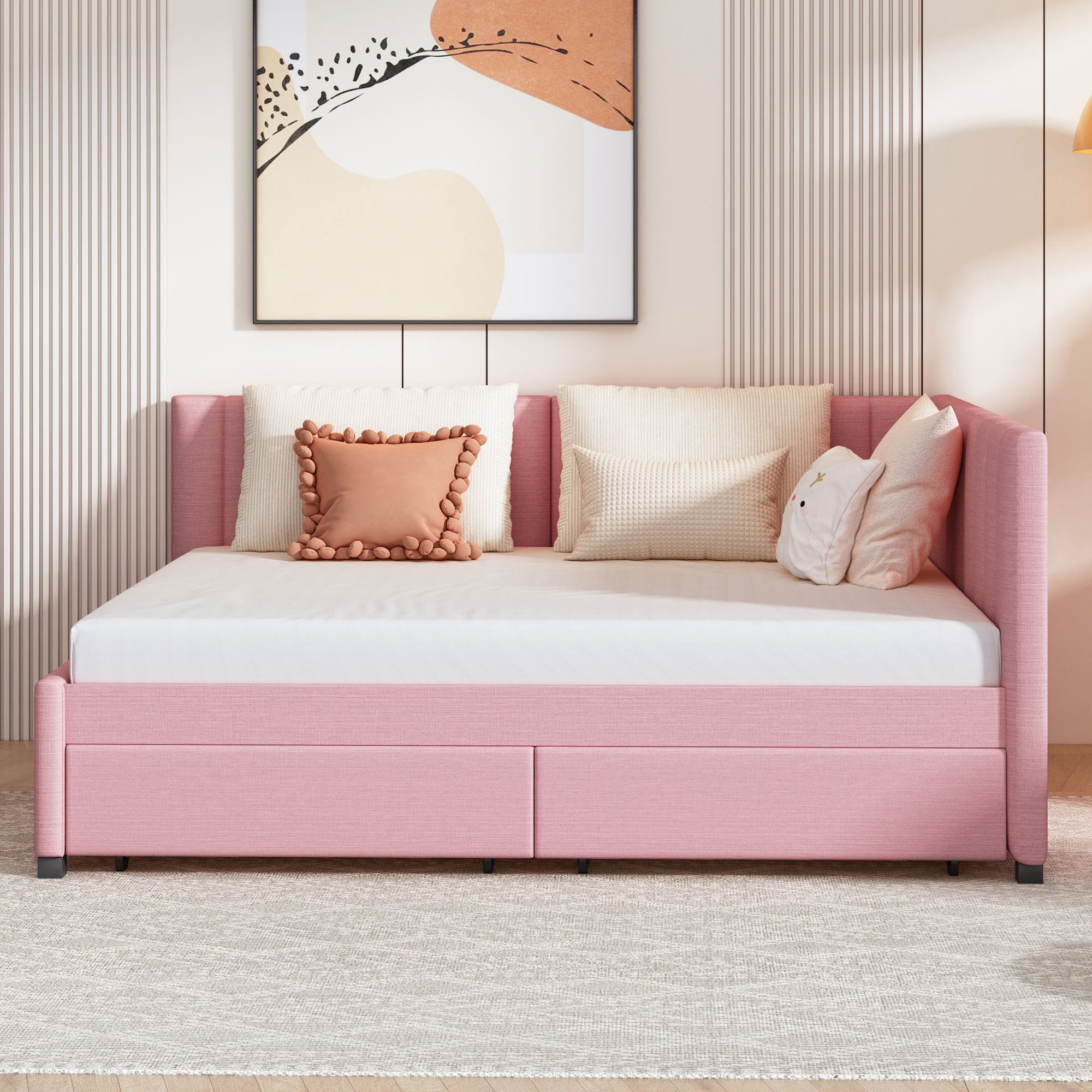 Full Size Upholstered Daybed with 2 Storage Drawers Sofa Bed Frame No Box Spring Needed, Linen Fabric (Pink) - Atlantic Fine Furniture Melbourne FL
