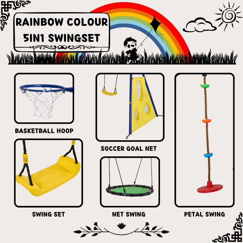 5 In 1 Swing Set With Textilene Swing And Tree Swing Disc Metal Plastic Safe Swing Seat For Outdoor Playground - Blue / Green