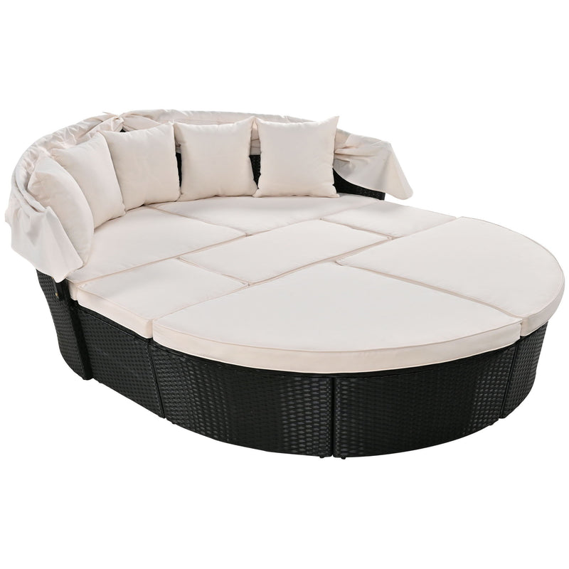 Outdoor Rattan Daybed Sunbed With Retractable Canopy Wicker Furniture, Round Outdoor Sectional Sofa Set - Black Wicker Furniture Clamshell Seating With Washable Cushions, Backyard, Porch