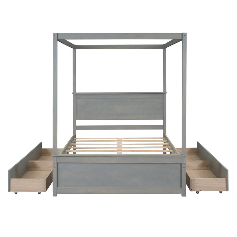 Wood Canopy Bed with four Drawers ,Full Size Canopy Platform Bed With Support Slats .No Box Spring Needed, Brushed Gray