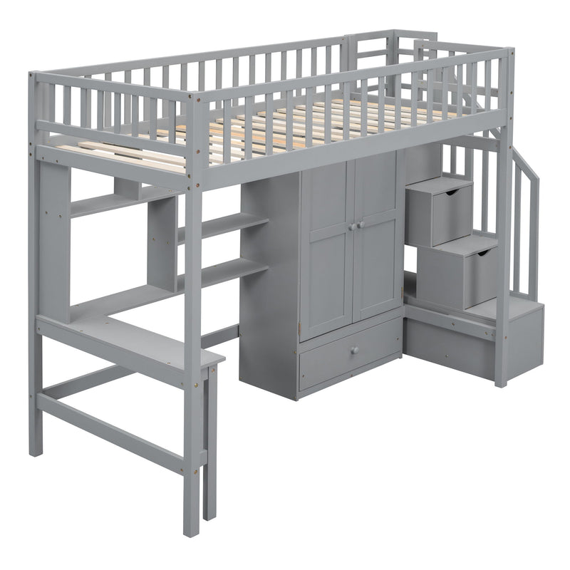 Twin Size Loft Bed With Bookshelf, Drawers, Desk, And Wardrobe - Gray