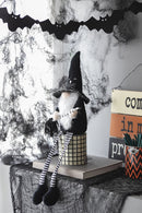 Sitting Gnome With Broomstick & Long Legs, For Halloween Decor - Black White