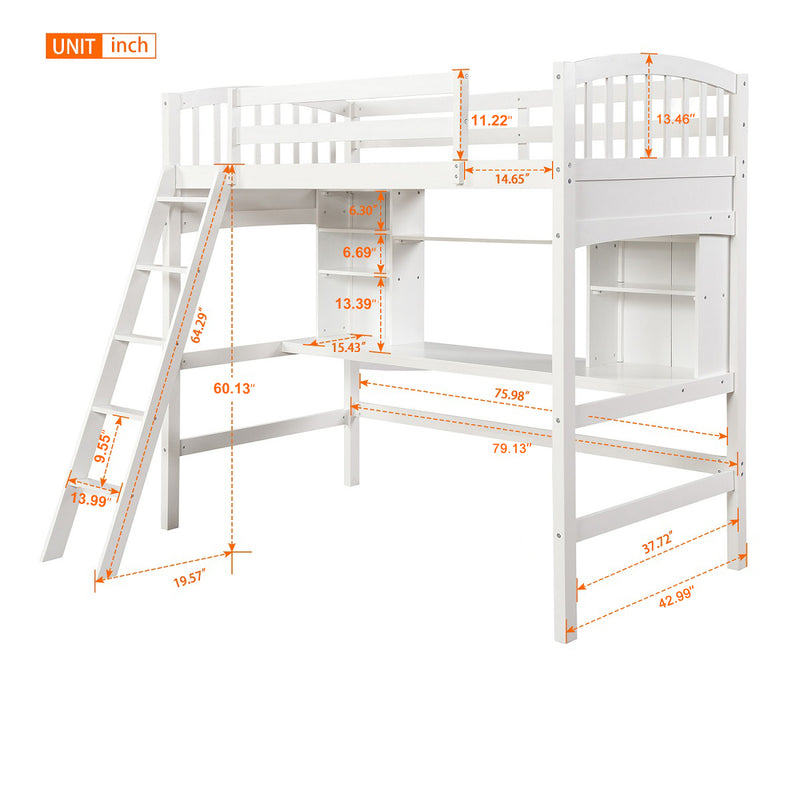 Twin size Loft Bed with Storage Shelves, Desk and Ladder, White(OLD SKU :LP000140KAA)