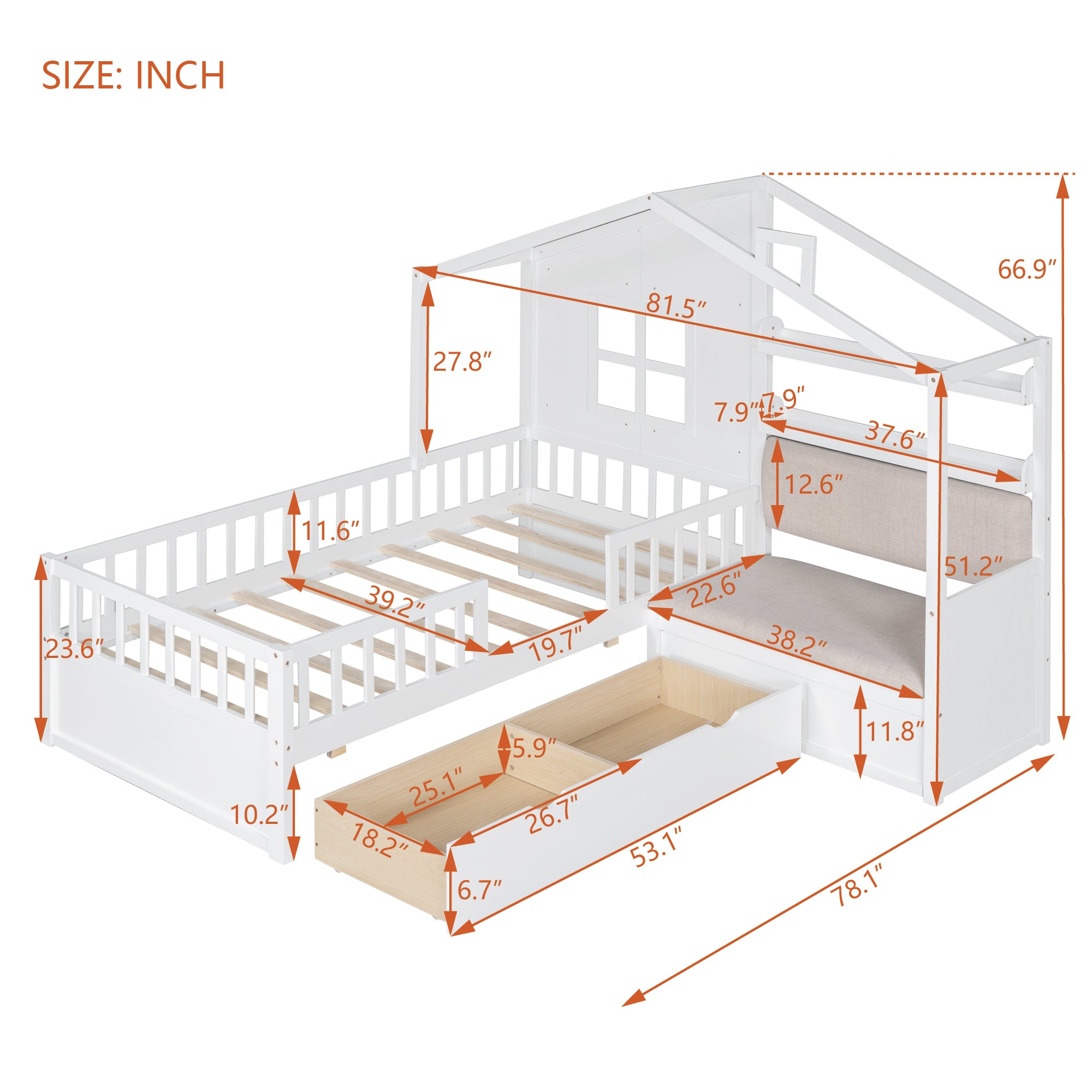 Twin Size House Bed with Sofa, Kids Platform Bed with Two Drawers and Storage Shelf, White - Atlantic Fine Furniture Melbourne FL