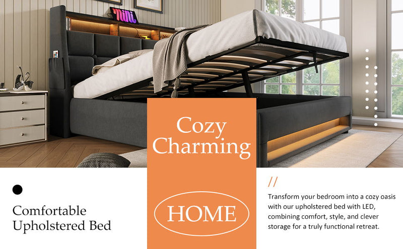 Upholstered Platform Bed With A Hydraulic Storage System, LED And USB Charging (Without Mattress)