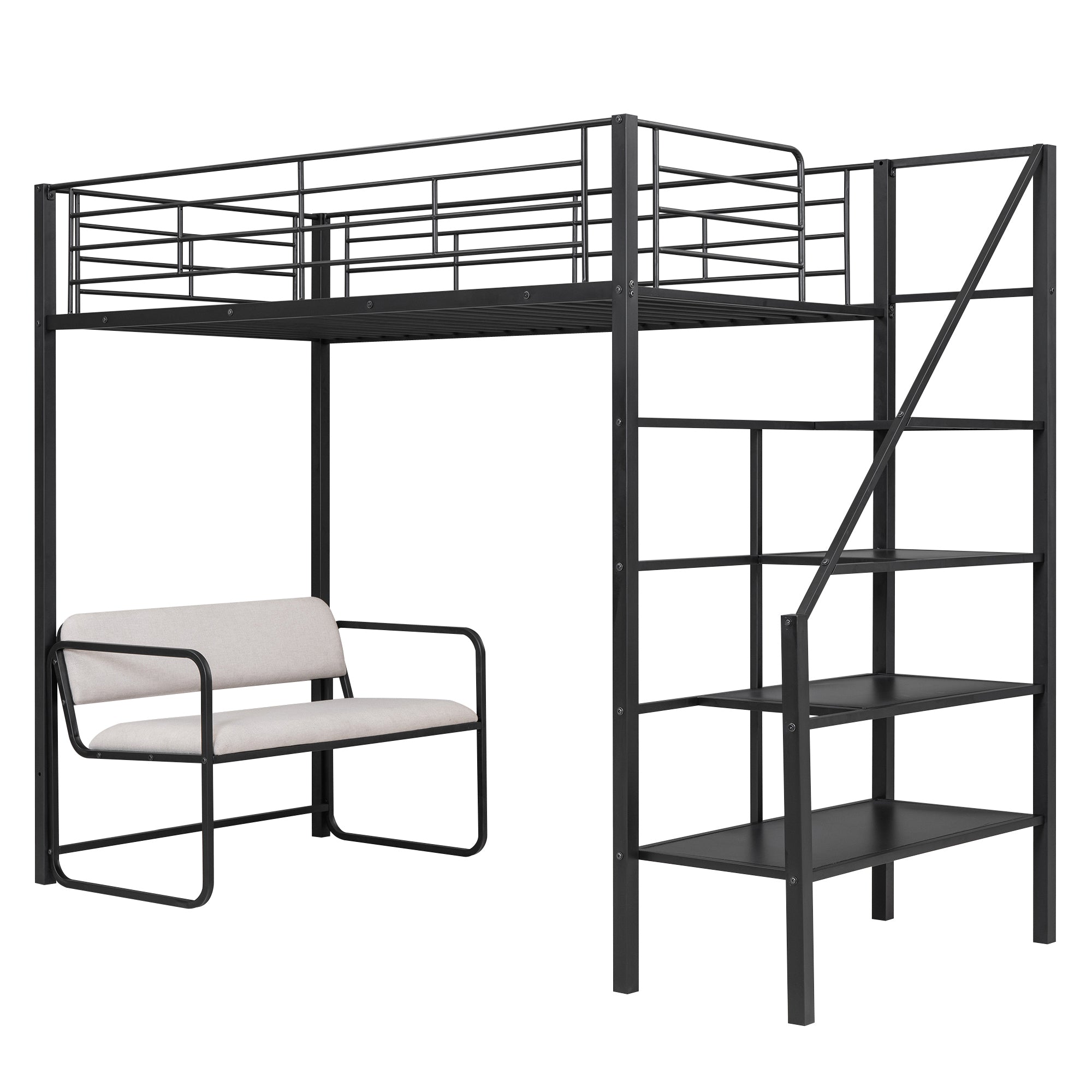 Twin Size Metal Loft Bed with Bench and Storage Staircase, Black - Atlantic Fine Furniture Melbourne FL