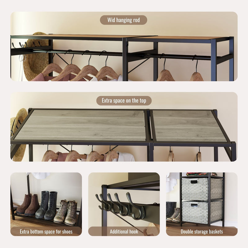 Garment Rack With Shelves, 2 Wicker Drawers, 4 Hooks, Organizer
