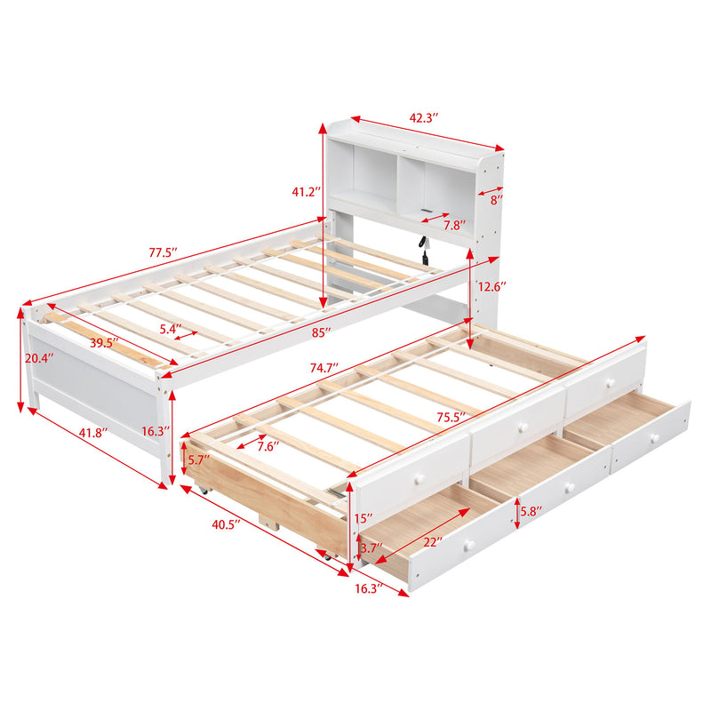 Bed With Built-In USB, Type-C Ports, LED Light, Bookcase Headboard, Trundle And 3 Storage Drawers, Bed With Bookcase Headboard, Trundle And Storage Drawers - Espresso