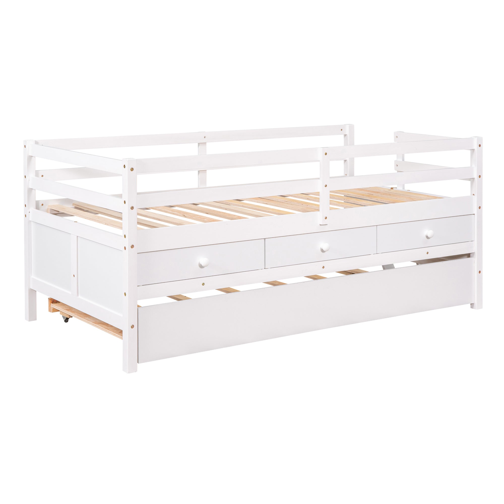 Low Loft Bed Twin Size with Full Safety Fence, Climbing ladder, Storage Drawers and Trundle White Solid Wood Bed - Atlantic Fine Furniture Melbourne FL