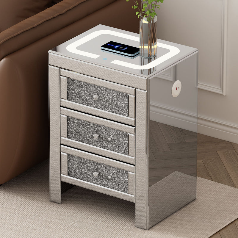 Rectangle Mirrored End Table With Wireless&Usb Charging, Modern Side Table With Led Lights, 3 Drawers With Crystal Style Handles For Living Room - Silver