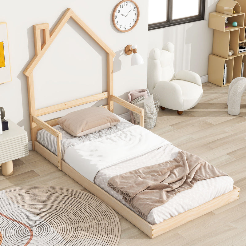 Twin House-Shaped Headboard Floor Bed With Handrails, Slats