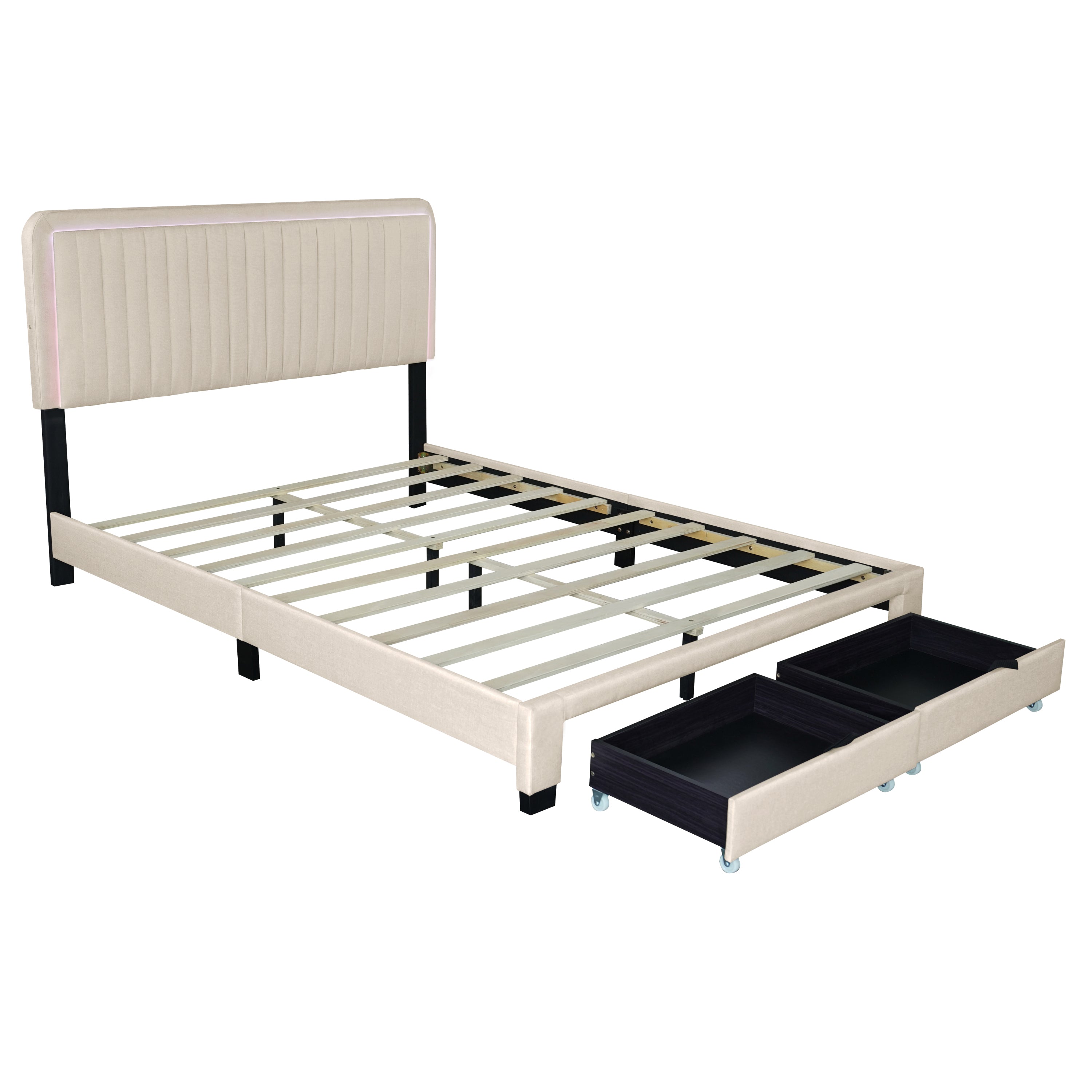 QUEEN SIZE UPHOLSTERED BED WITH ADJUSTABLE HEIGHT / MATTRESS 10 TO 14 INCHES / LED DESIGN WITH FOOTBOARD DRAWERS STORAGE / NO BOX SPRING REQUIRED BEIGE - Atlantic Fine Furniture Melbourne FL
